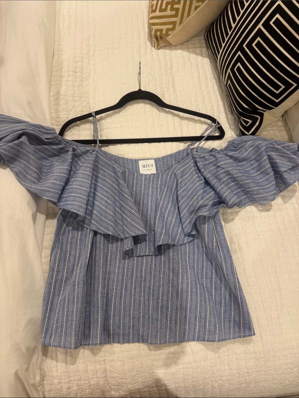 Misa Los Angeles Blue Striped Off-Shoulder Ruffle Crop Top